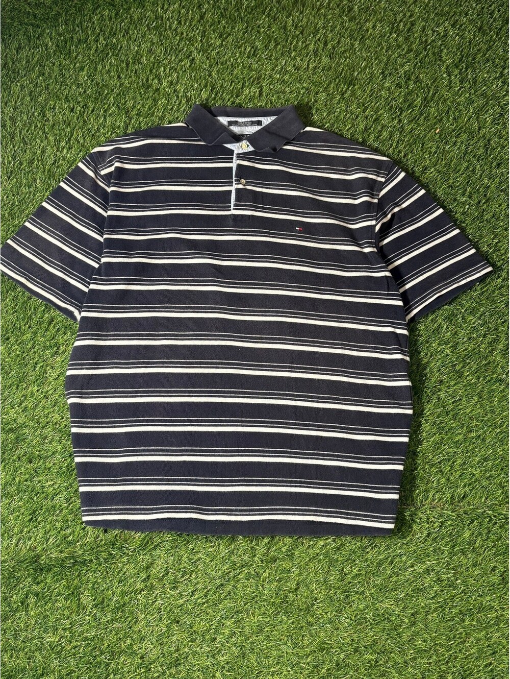 Vintage Tommy Hilfiger Polo Shirt Navy White Striped 100% Cotton Mens Size L